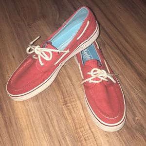Keds red canvas boat shoes